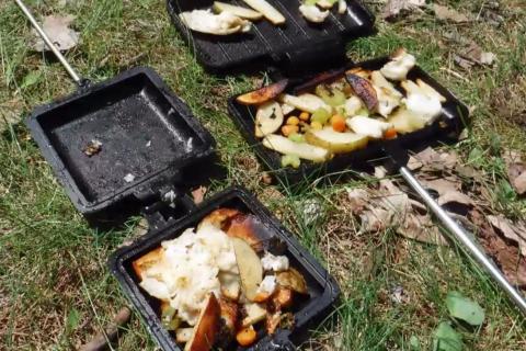 Food in a pie iron, after being cooked